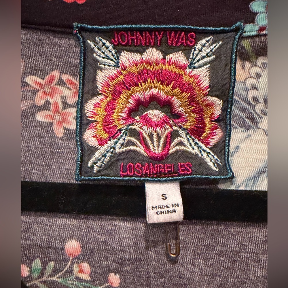 Johnny Was Black Floral Henley with Multicolor Blooms - Picture 2 of 4